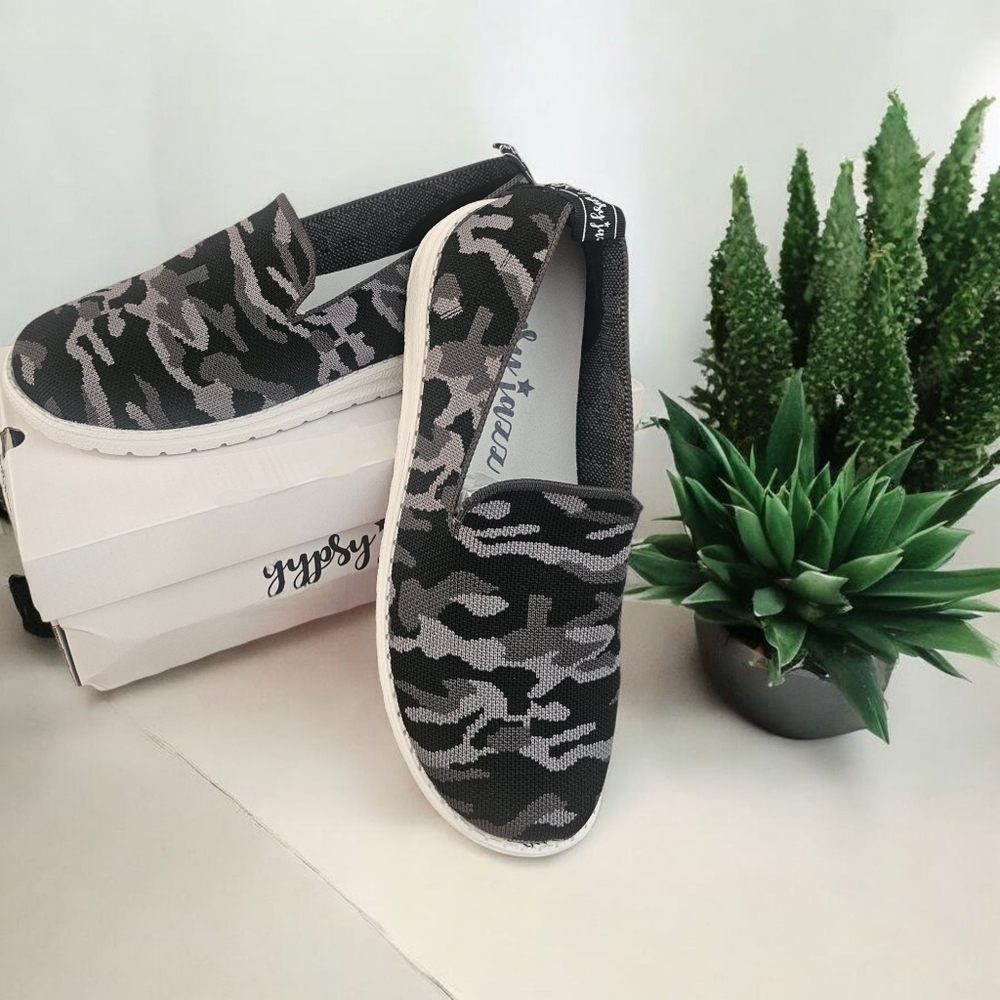 GYPSY JAZZ Women's  Black and Gray Camouflage Size--10 Slip-On Shoes NIB
